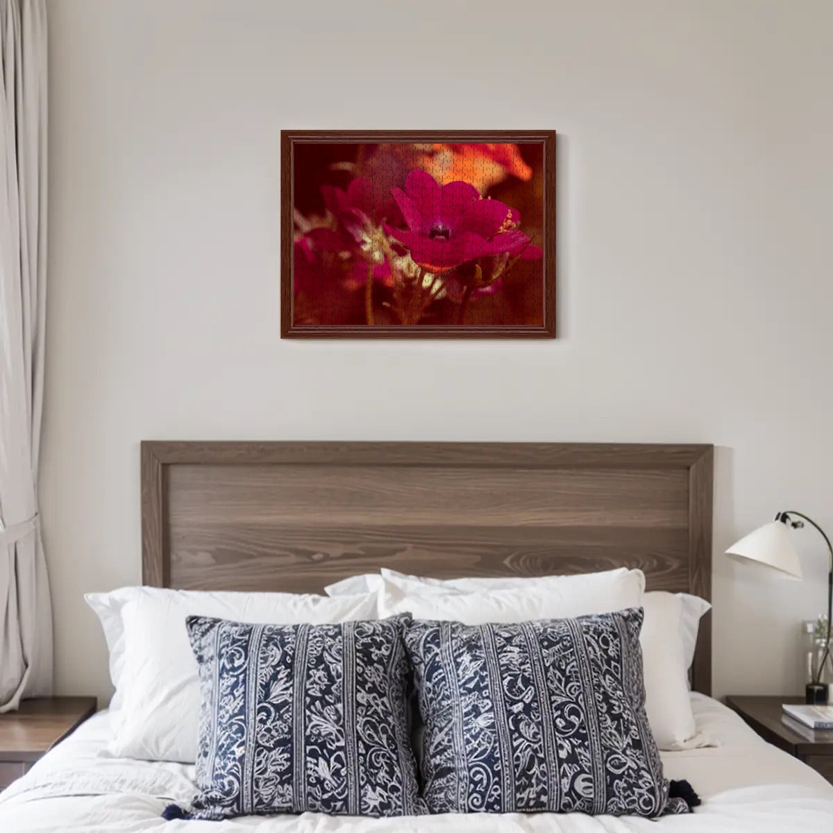 500-piece wooden jigsaw puzzle with a brownie-toned image of a red Nemesia flower close-up, soft and warm aesthetic, size 20.5" x 15"