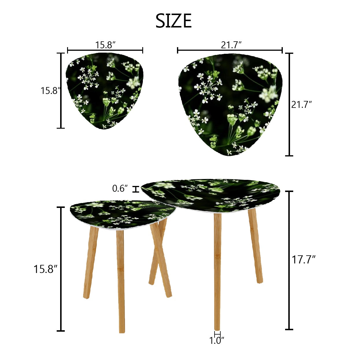 set of 2 floral triangular coffee tables featuring white little flowers on black background with green stems emerging from it