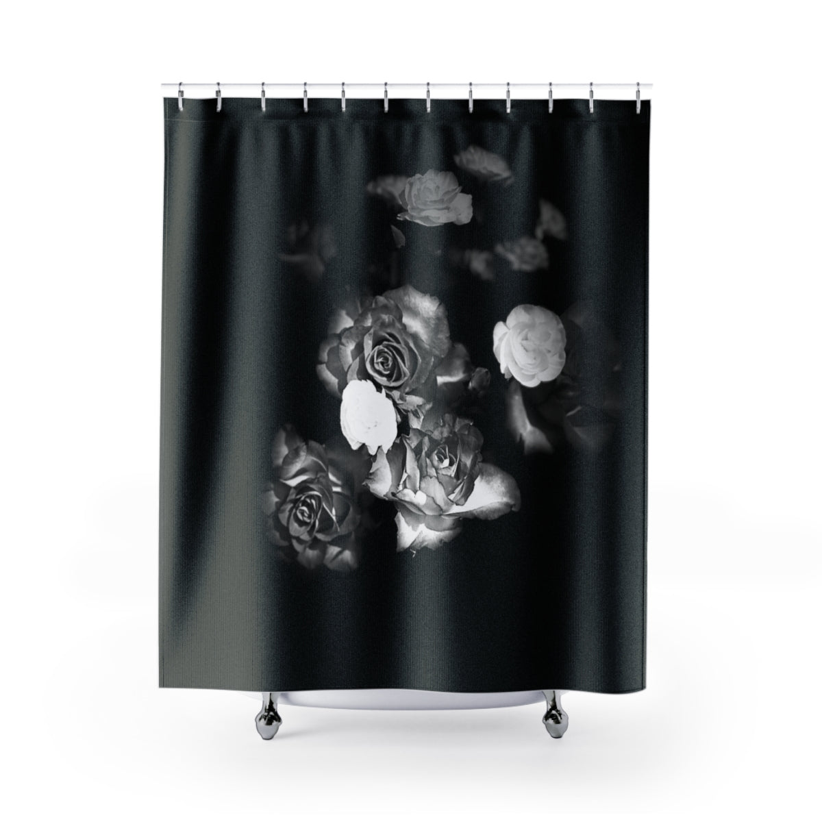 black and white floral designer shower curtain featuring roses, size: 71''x74''