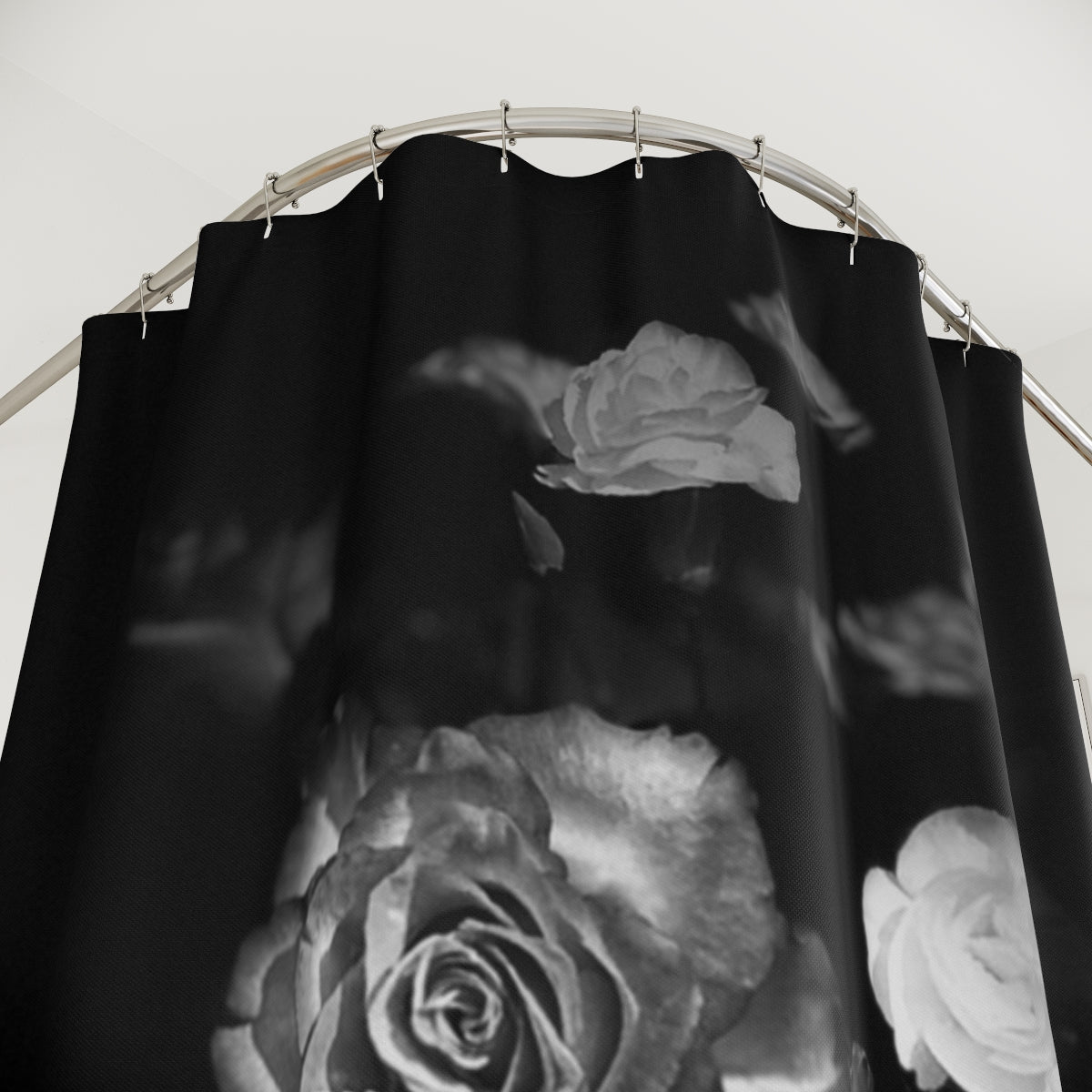 black and white floral designer shower curtain featuring roses, size: 71''x74''