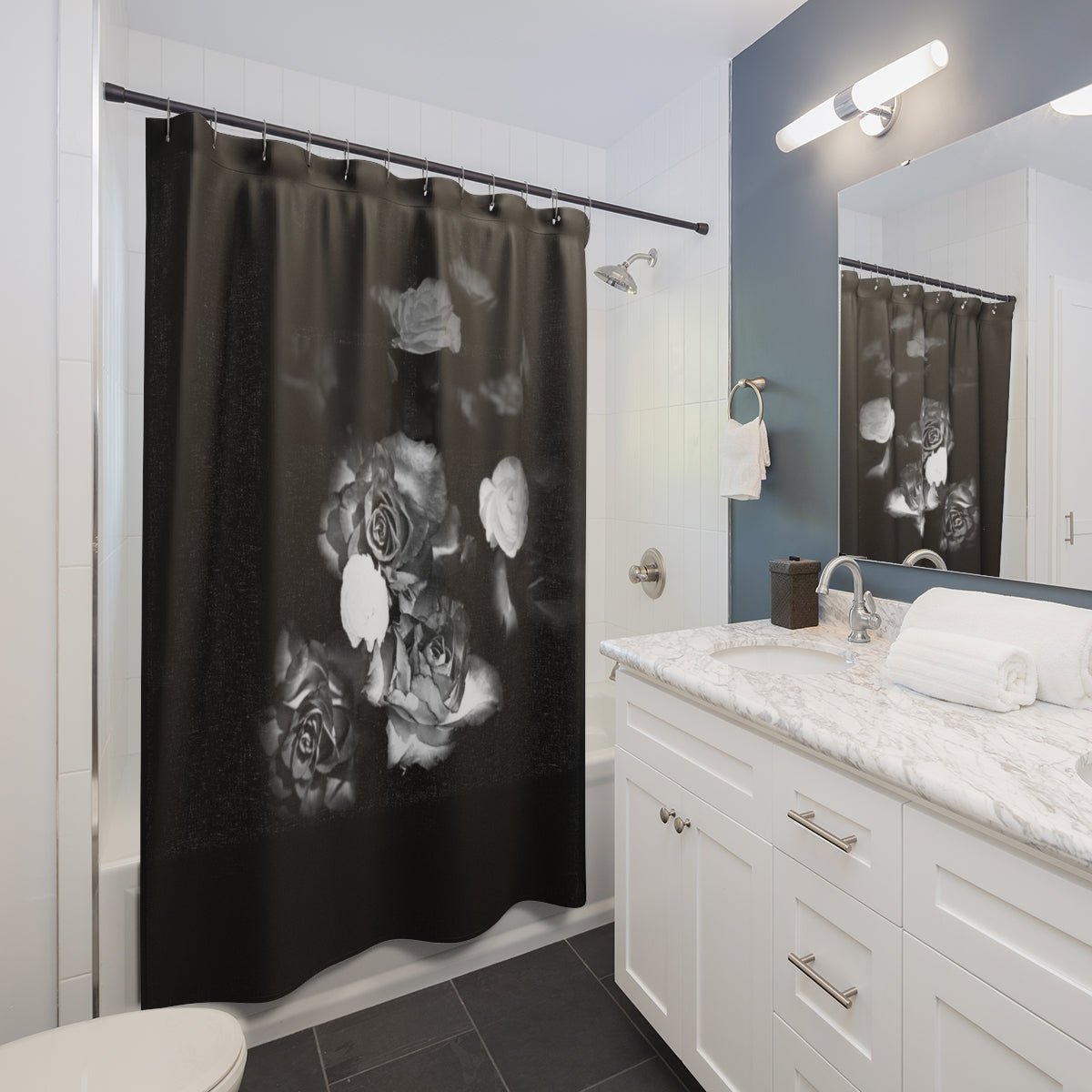 black and white floral designer shower curtain featuring roses, size: 71''x74''