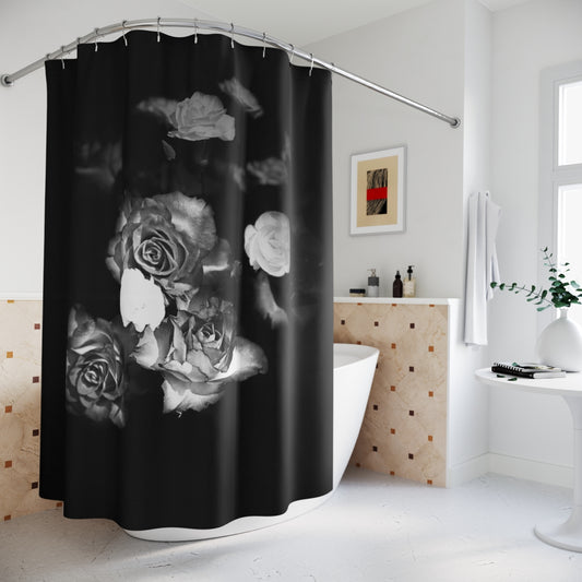 black and white floral designer shower curtain featuring roses, size: 71''x74''