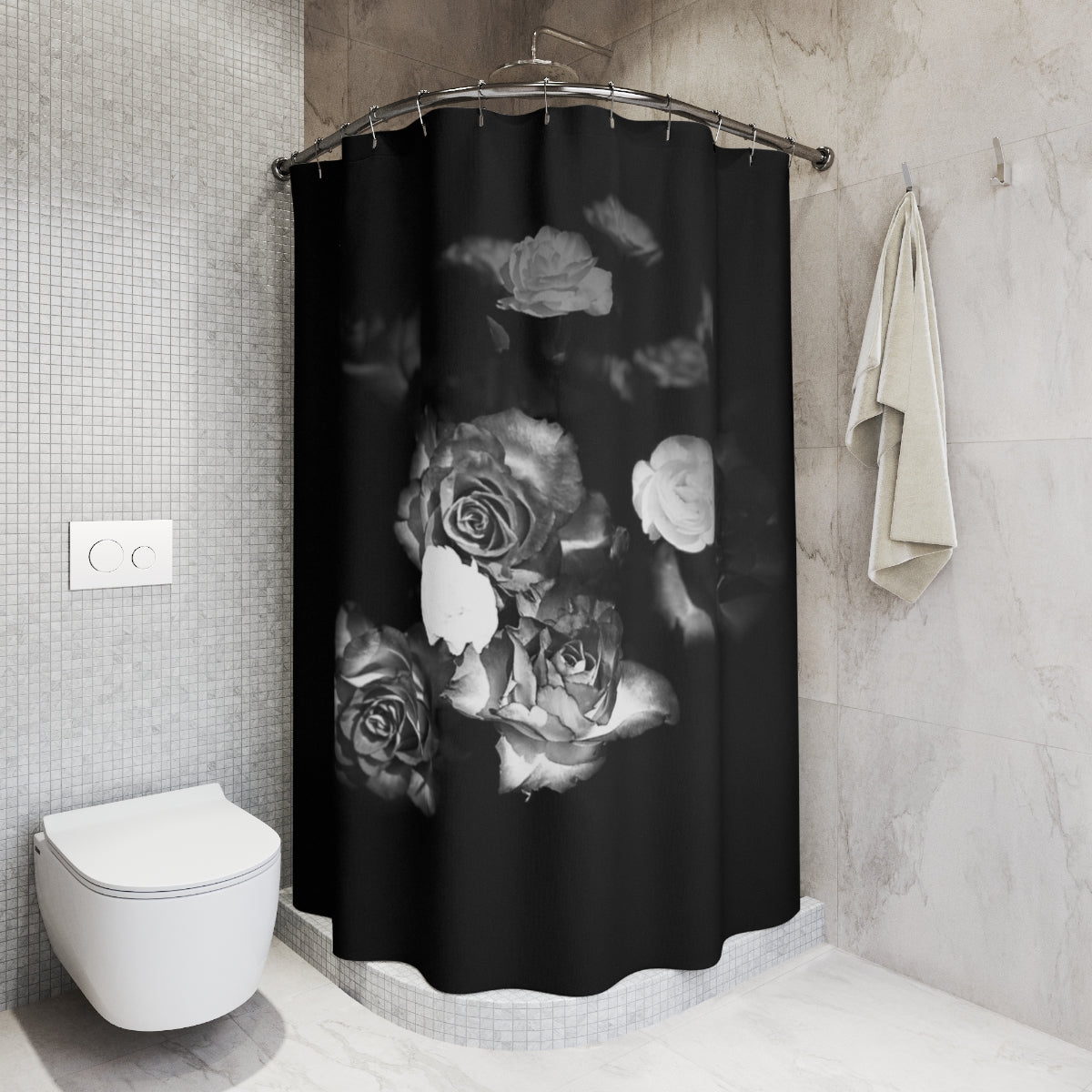 black and white floral designer shower curtain featuring roses, size: 71''x74''