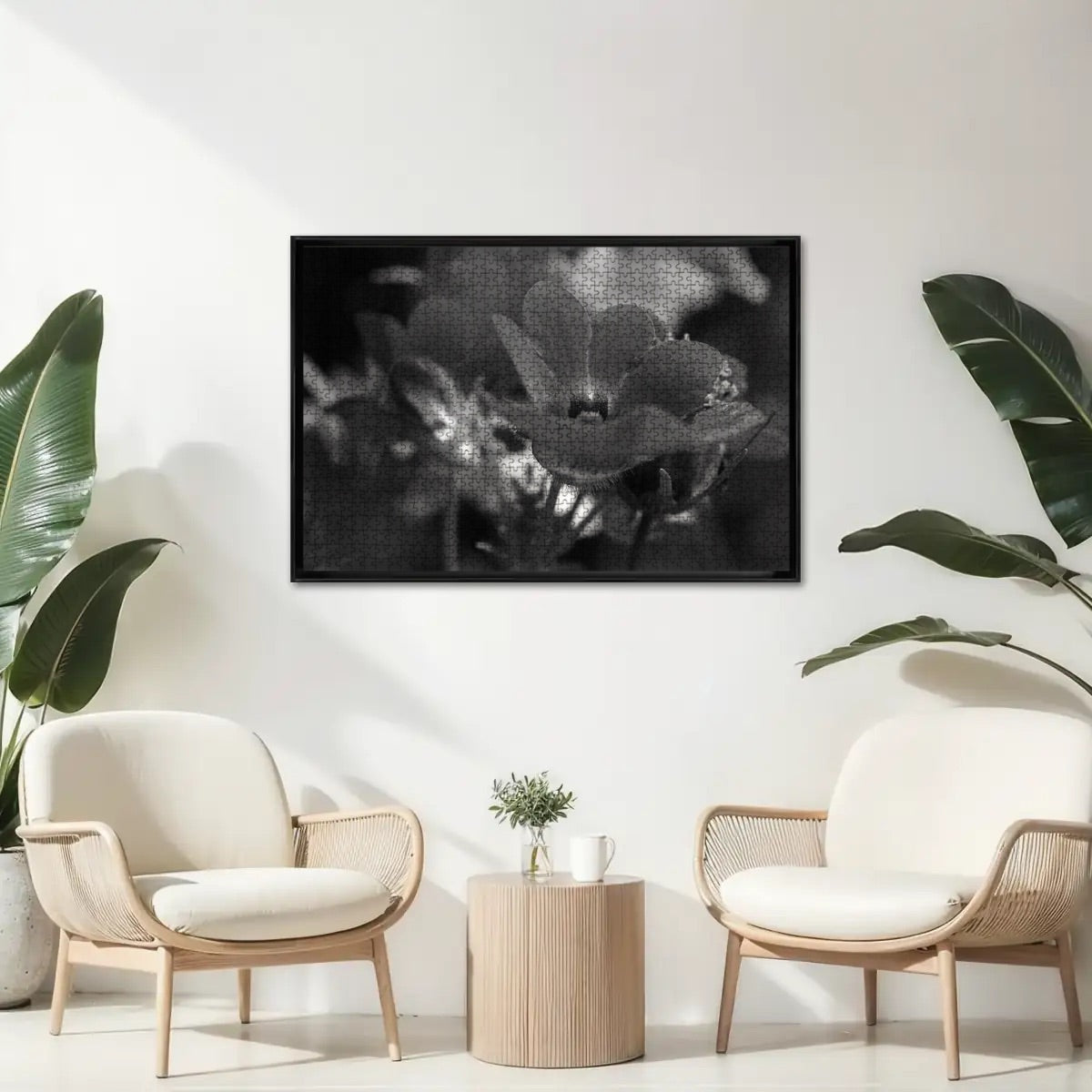 1000-piece wooden jigsaw puzzle in greyscale style featuring a close-up of a red Nemesia flower with soft shading and detail, size 29.5" x 19.7", weight: 0.75kg