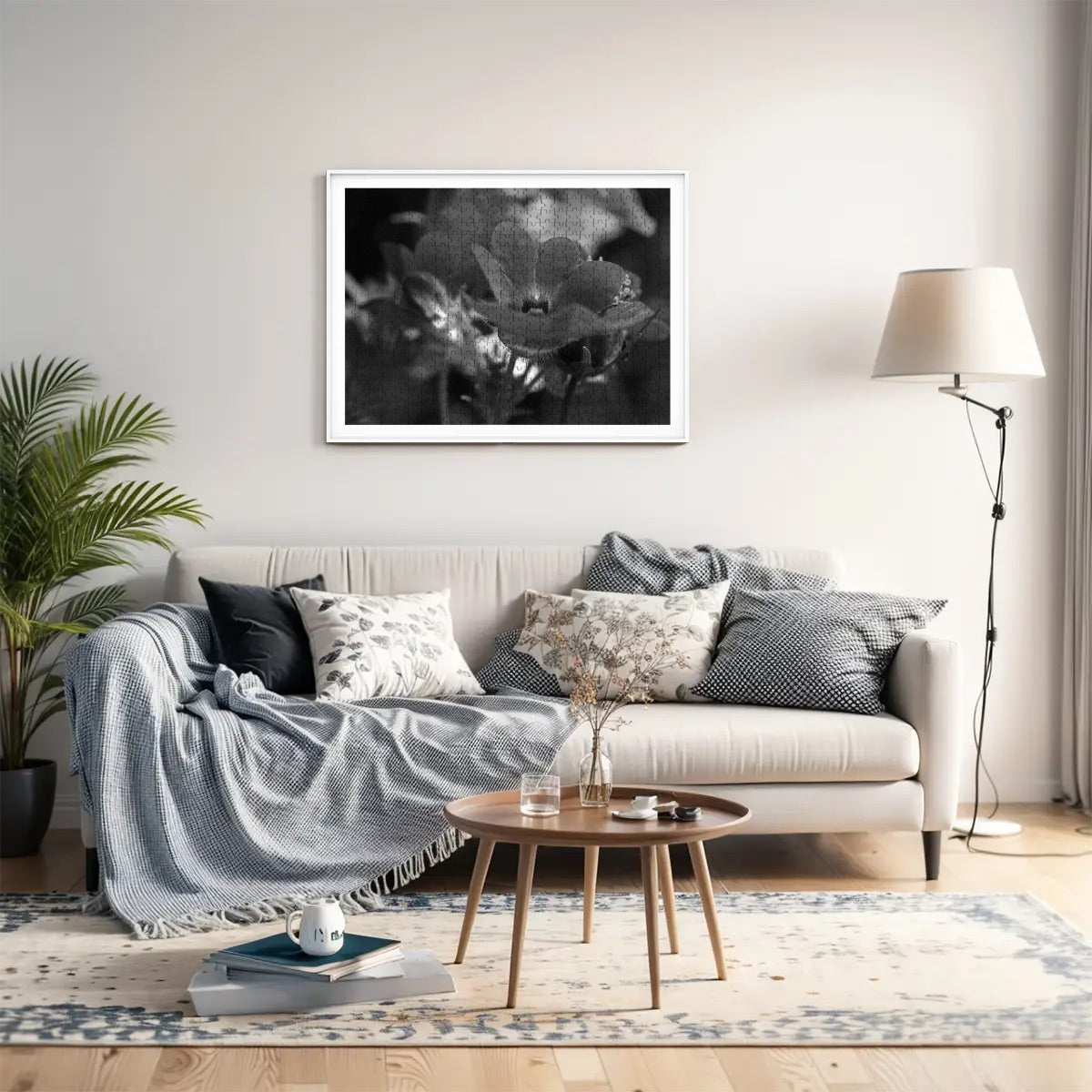 500-piece wooden jigsaw puzzle in greyscale style showing a red Nemesia flower close-up with gentle shading and depth, size 20.5" x 15"