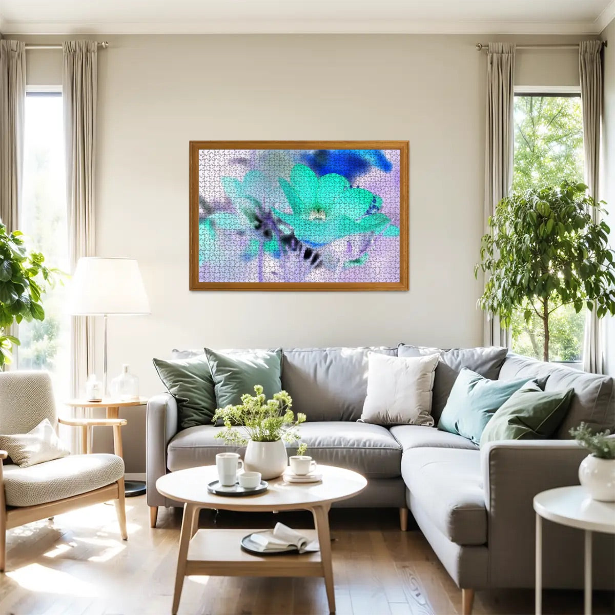 1000-piece wooden jigsaw puzzle showing an inverted-color version of a red Nemesia flower close-up, surreal and high-contrast, size 29.5" x 19.7", weight: 0.75kg