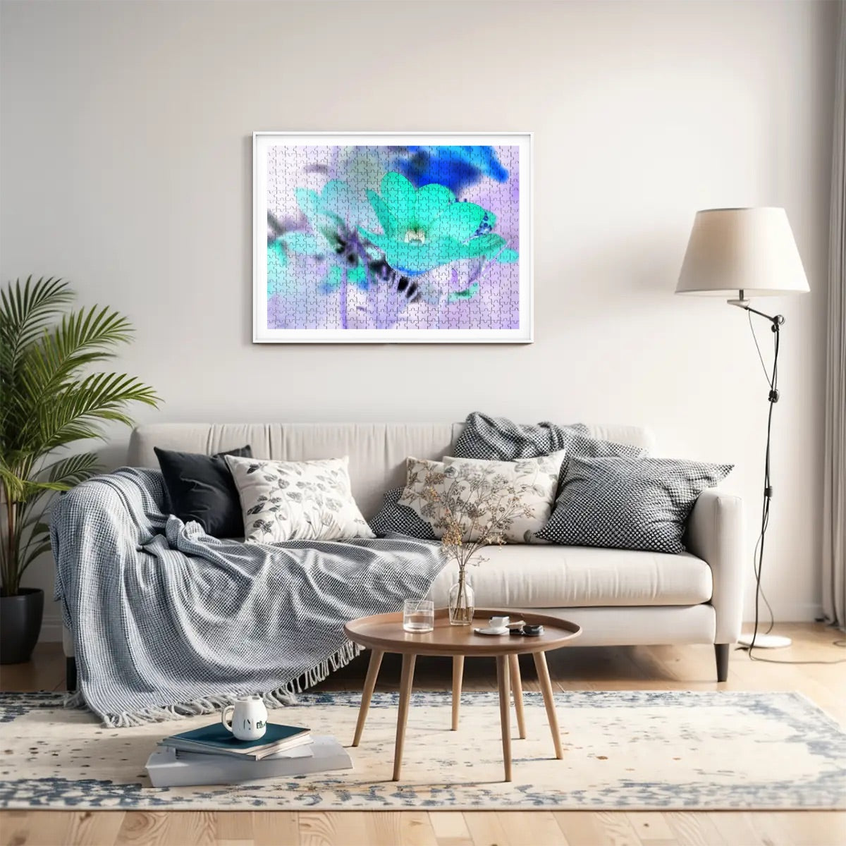 500-piece wooden jigsaw puzzle with an inverted color version of a close-up red Nemesia flower, surreal and eye-catching, size 20.5" x 15"