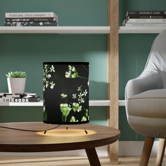 Floral Round Table Lamp featuring white little flowers on black and green background, size: 7''x11''