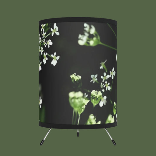 Floral Round Table Lamp featuring white little flowers on black and green background, size: 7''x11''