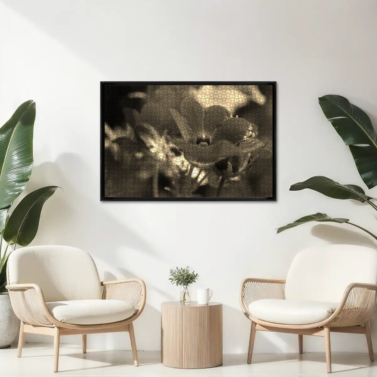 1000-piece wooden jigsaw puzzle with a sepia-toned close-up of a red Nemesia flower, offering a vintage floral look, size 29.5" x 19.7", weight:0.75kg