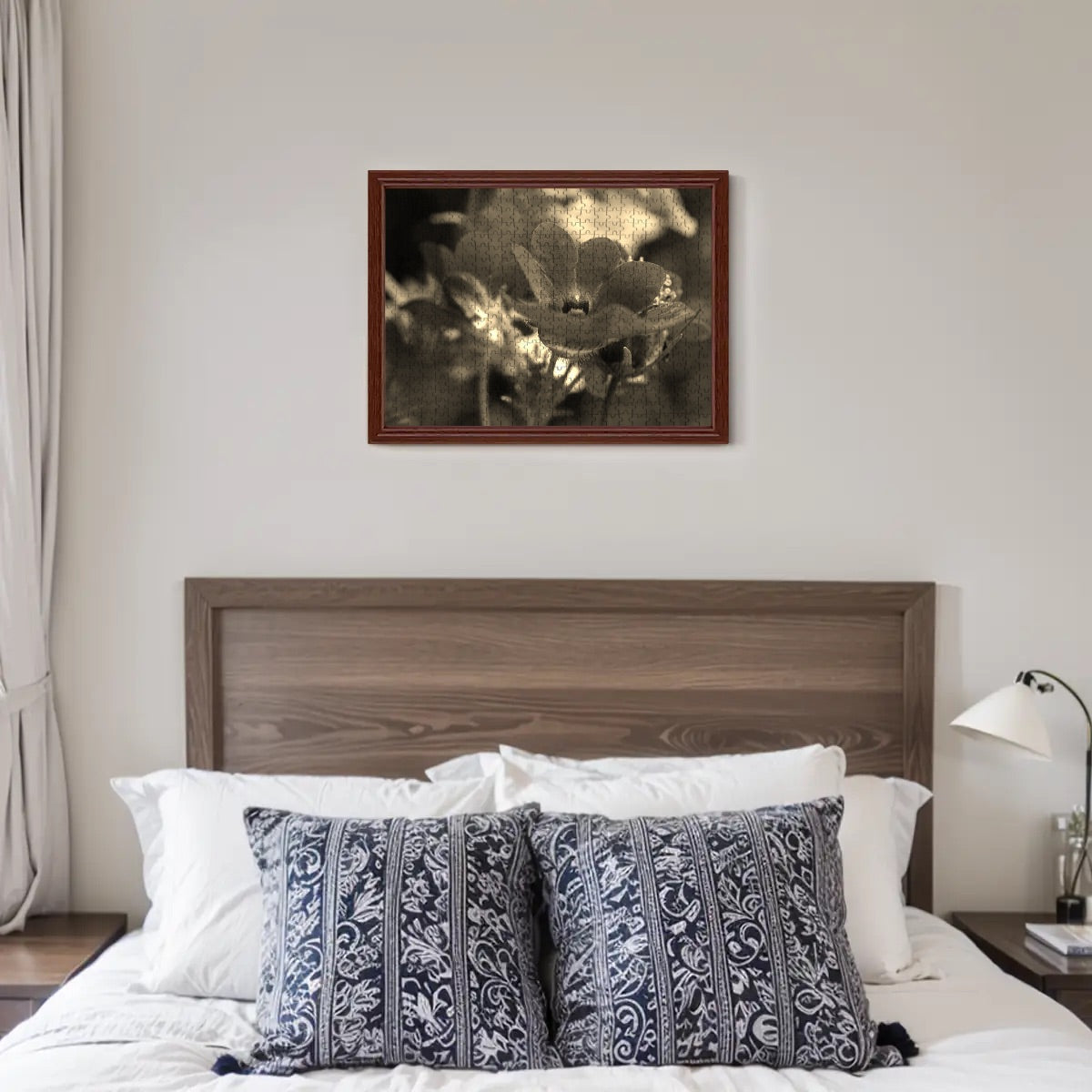 500-piece wooden jigsaw puzzle featuring a sepia-toned close-up of a red Nemesia flower, evoking a vintage, timeless charm, size 20.5" x 15"