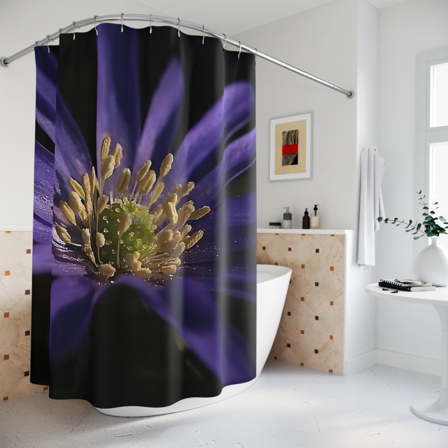 Floral shower curtain featuring a full color close-up of a purple anemone with yellow center on a dark background, 72x72 inches.