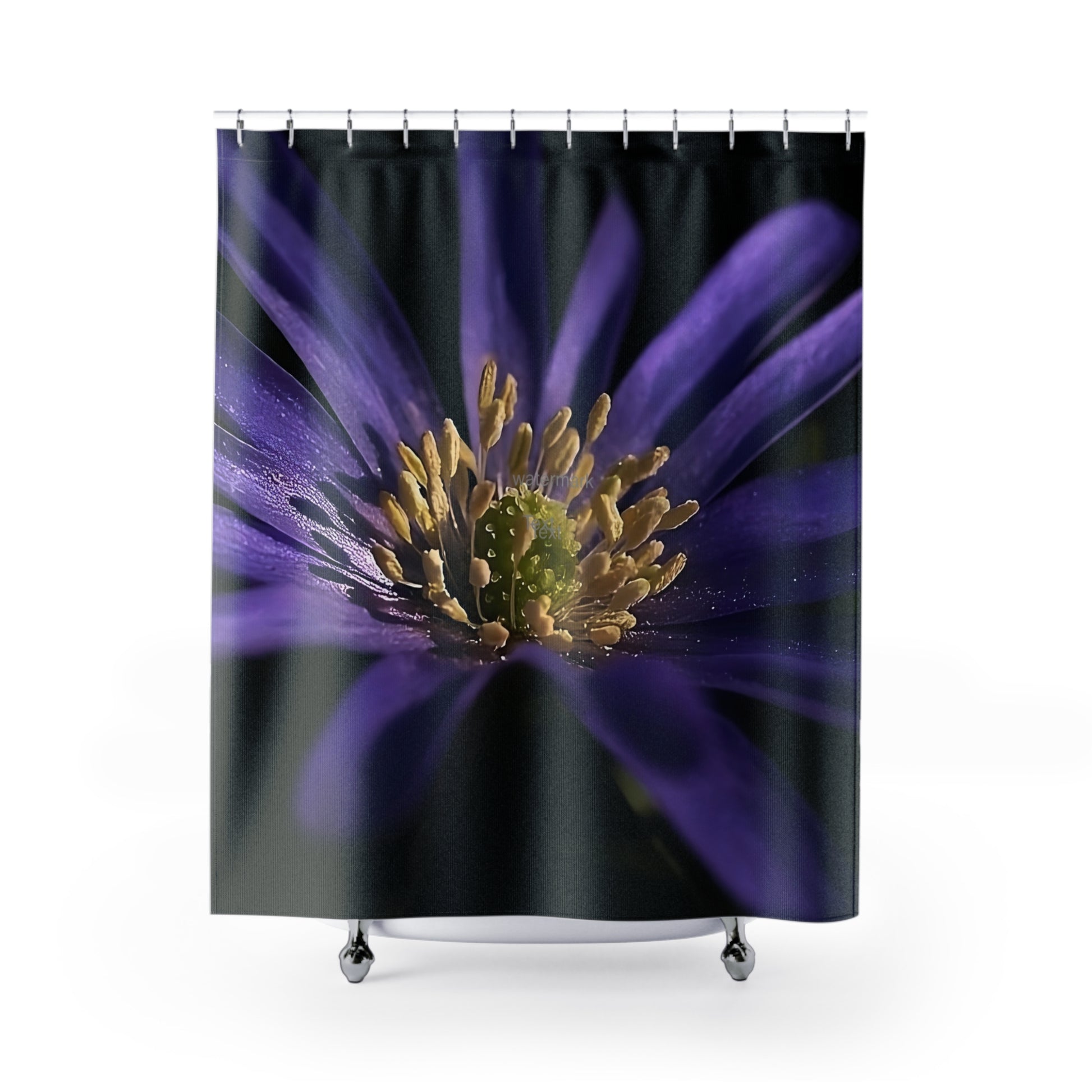 Floral shower curtain featuring a full color close-up of a purple anemone with yellow center on a dark background, 72x72 inches.
