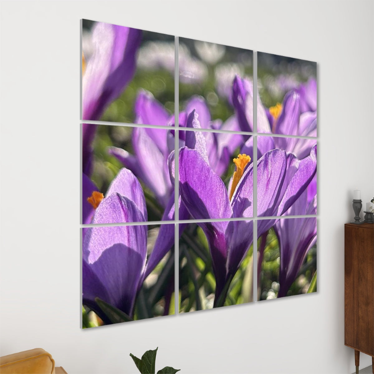 Left-angle view of Purple Crocuses wall art panels showing depth, texture, and a close-up springtime floral scene across the 9-panel display.