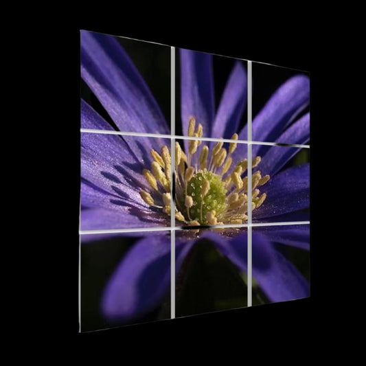 Angled perspective of the 9‑panel purple anemone sound‑absorbing wall art, showing panel depth and seamless alignment