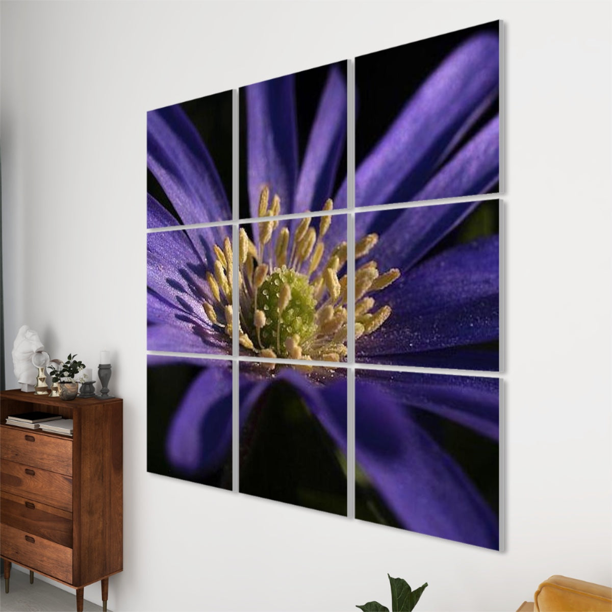 Angled perspective of the 9‑panel purple anemone sound‑absorbing wall art, showing panel depth and seamless alignment.