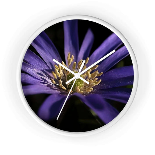 Floral Wall Clock featuring close up of purple anemone flower, base: white, hands: white, size: 10''