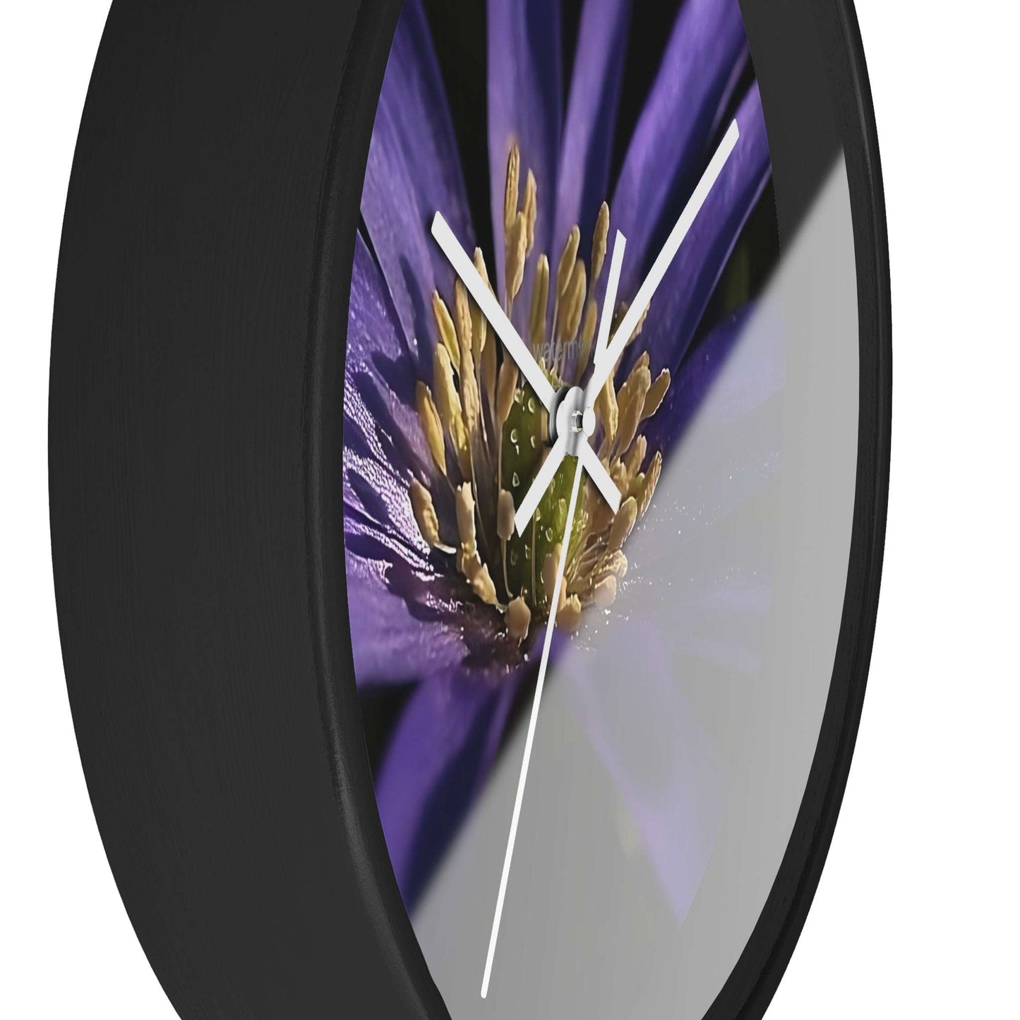 Floral Wall Clock featuring close up of purple anemone flower, base: black, hands: white, size: 10''