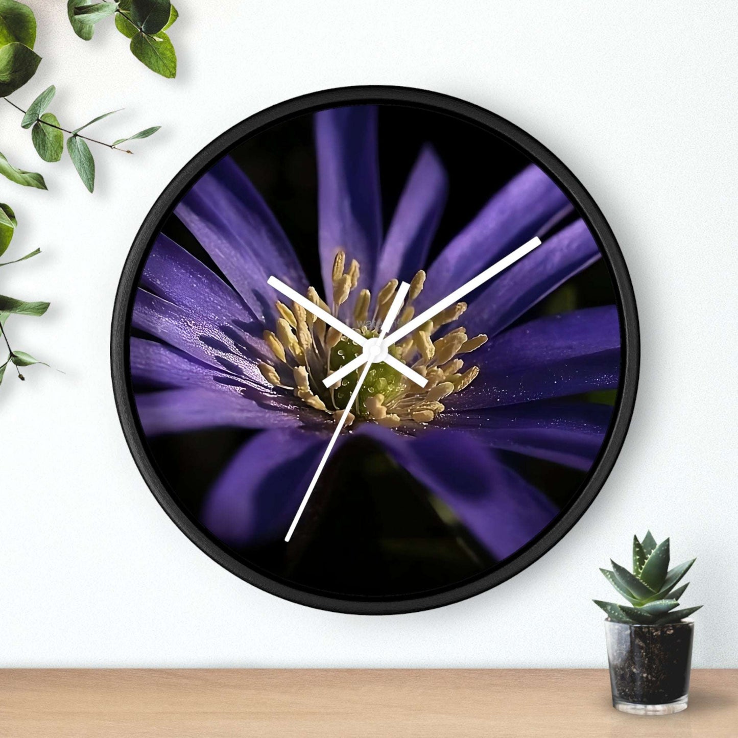 Floral Wall Clock featuring close up of purple anemone flower, base: black, hands: white, size: 10''