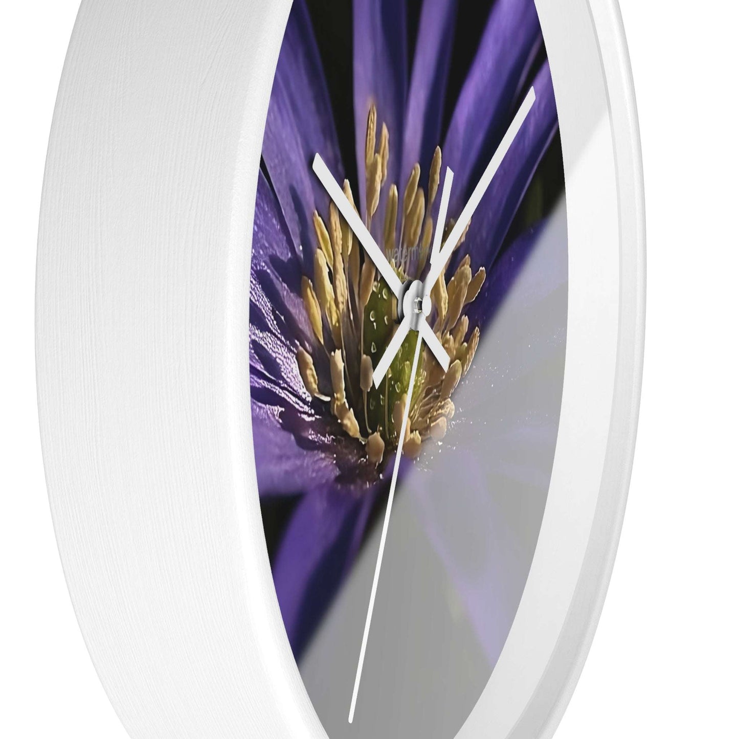 Floral Wall Clock featuring close up of purple anemone flower, base: white, hands: white, size: 10''