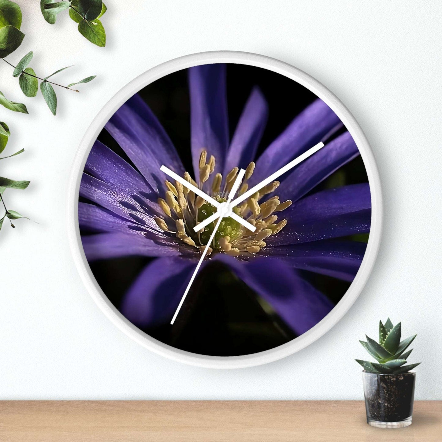 Floral Wall Clock featuring close up of purple anemone flower, base: white, hands: white, size: 10''