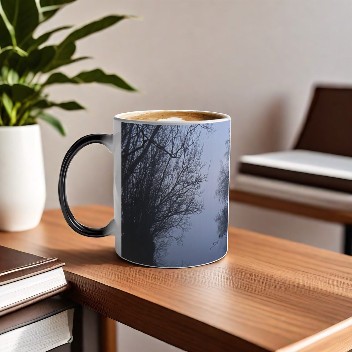 magic mug featuring forest and lake in fog in the evening light size: 11oz