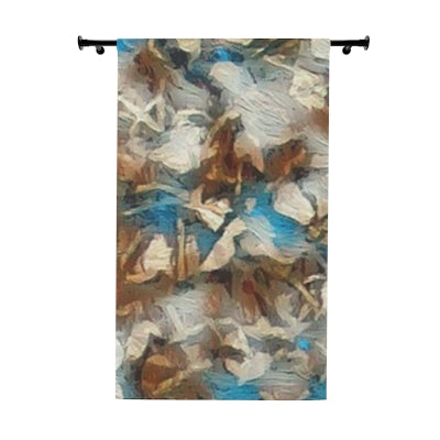 Blackout curtain with soft brown, muted blue, and cream leaf-like textures layered in an earthy abstract composition against white backdrop