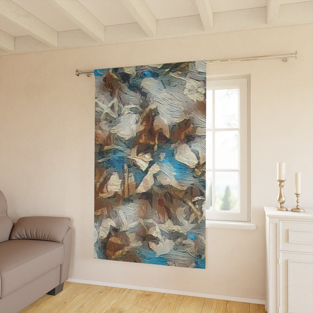 Forest Understory blackout curtain casting soft natural tones into a lightly furnished room with beige walls and wood furniture