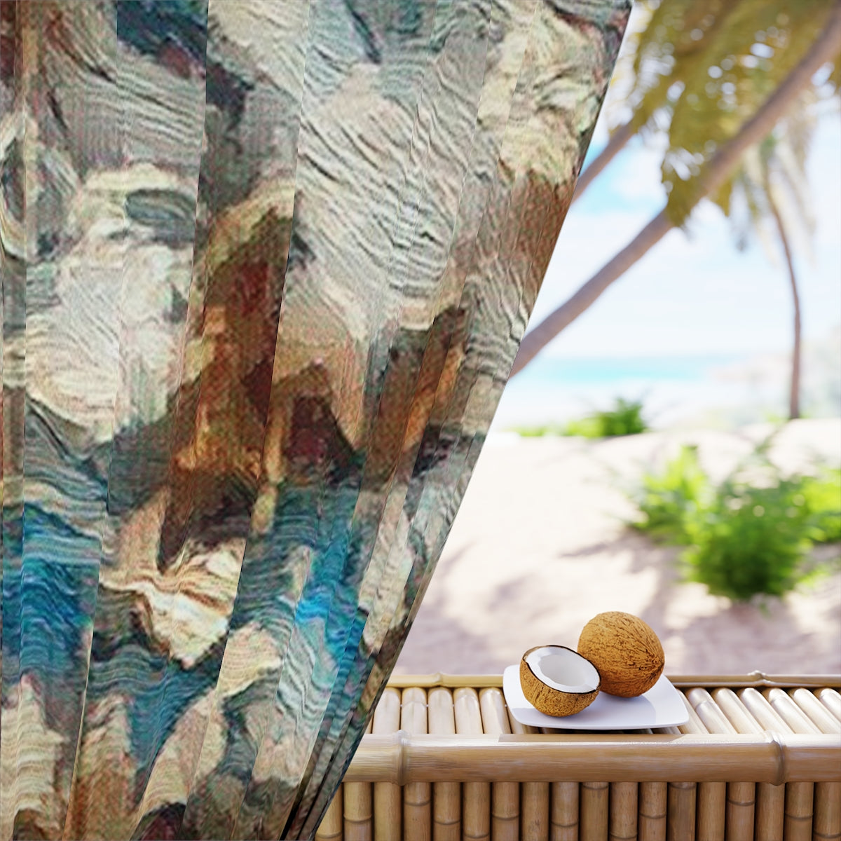 Detail of blackout fabric with layered earthy brushstrokes in brown, blue, and taupe, evoking forest floor textures in soft focus