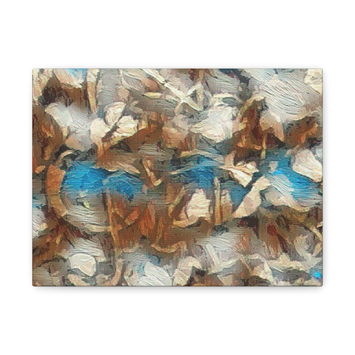 Vivid green, bark-brown, and soft sunlight tones blend into a painterly forest texture, abstracted and rich