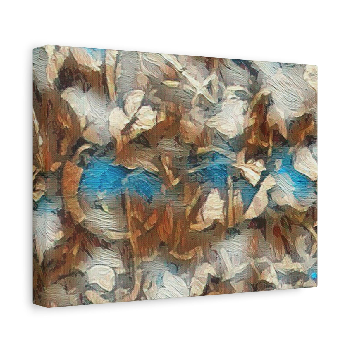 Vivid green, bark-brown, and soft sunlight tones blend into a painterly forest texture, abstracted and rich - left side view