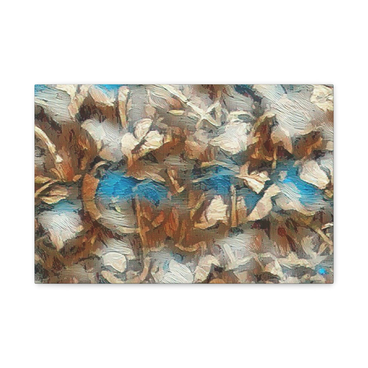 Vivid green, bark-brown, and soft sunlight tones blend into a painterly forest texture, abstracted and rich