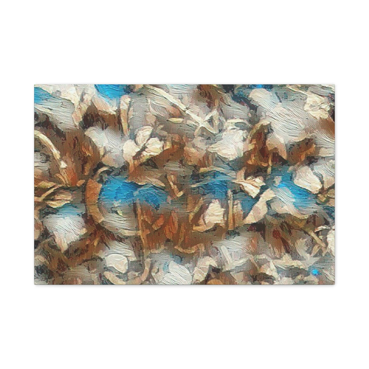 Vivid green, bark-brown, and soft sunlight tones blend into a painterly forest texture, abstracted and rich