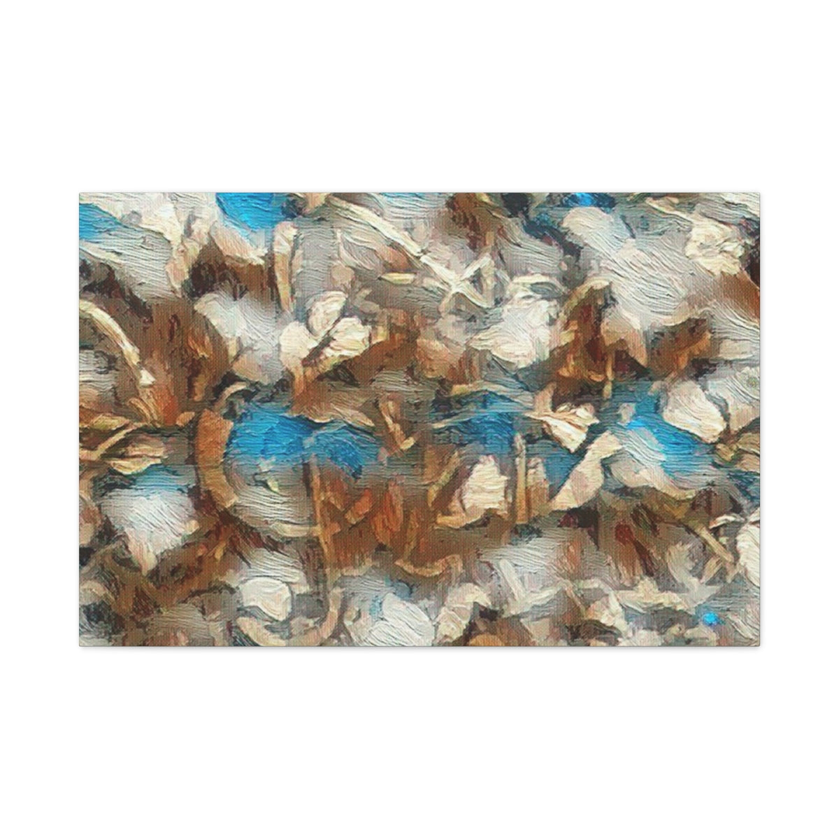 Vivid green, bark-brown, and soft sunlight tones blend into a painterly forest texture, abstracted and rich