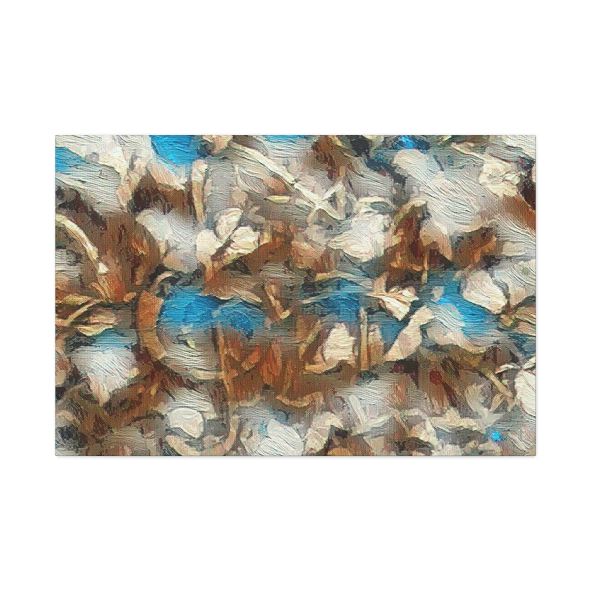 Vivid green, bark-brown, and soft sunlight tones blend into a painterly forest texture, abstracted and rich