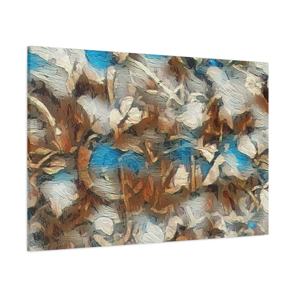 Vivid green, bark-brown, and soft sunlight tones blend into a painterly forest texture, abstracted and rich - angled view