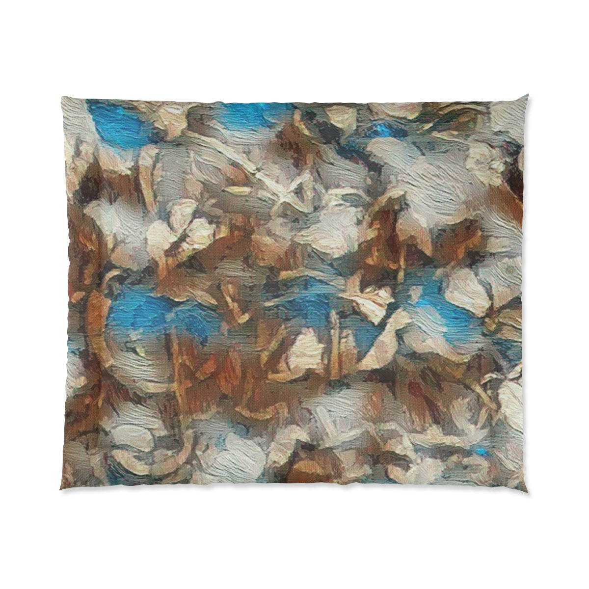Square comforter with expressive swirls of ochre, blue, and off-white. Size: 88'' x 88''