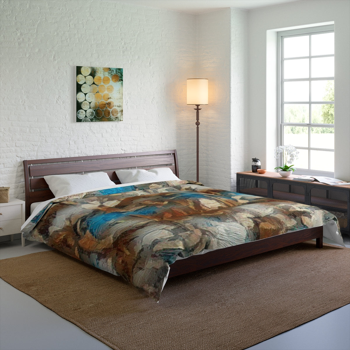 Spacious bedroom with the Forest Understory comforter on a king bed, showcasing deep natural hues and painterly detail. Size: 104'' x 88''