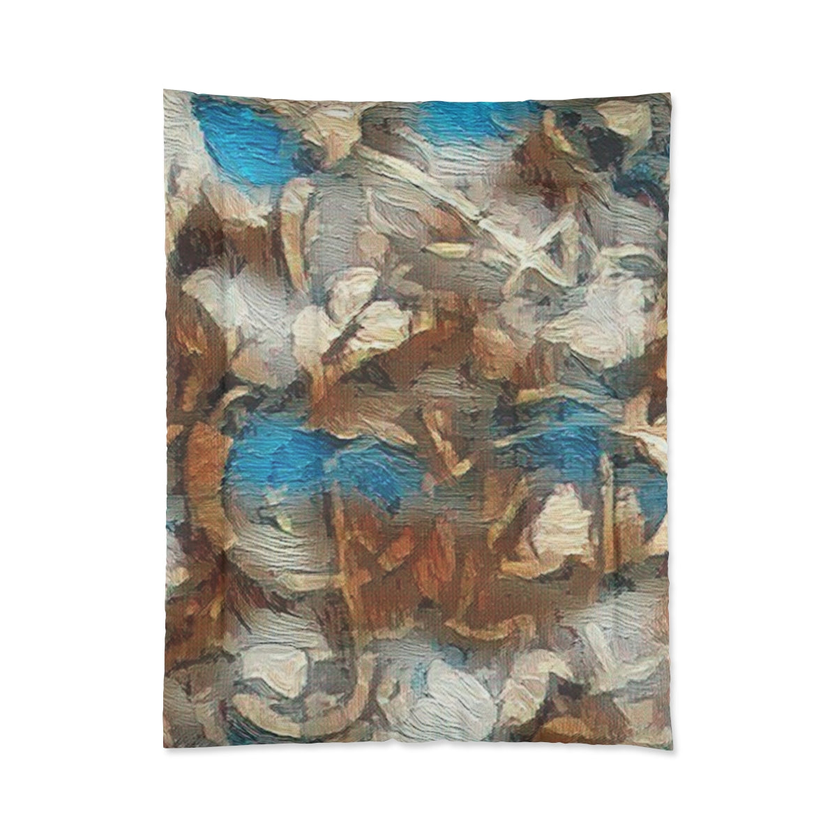 Comforter with painterly abstract forms in brown, blue, and white, resembling layered oil brushstrokes. Size: 68'' x 88''