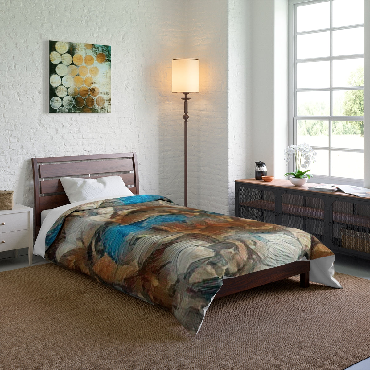 Bedroom with Forest Understory comforter, featuring earthy tones and soft turquoise accents under bright light. Size: 68'' x 88''