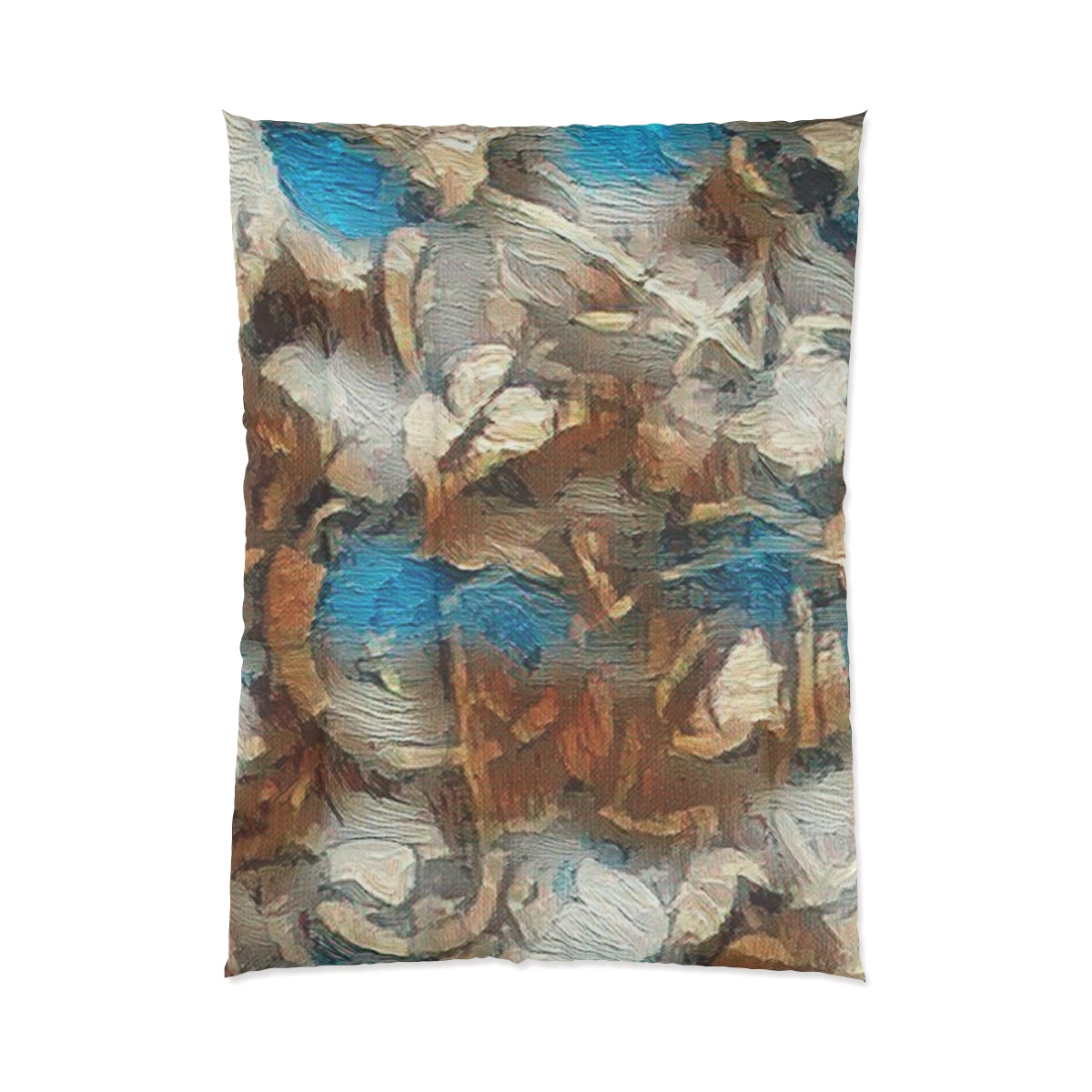 Abstract comforter in brown, cream, and bold blue with heavy painted texture. Size: 68'' x 92''