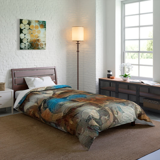 bed in a bright bedroom styled with the Forest Understory comforter showing soft brown tones and energetic blue strokes. Size: 68'' x 92''