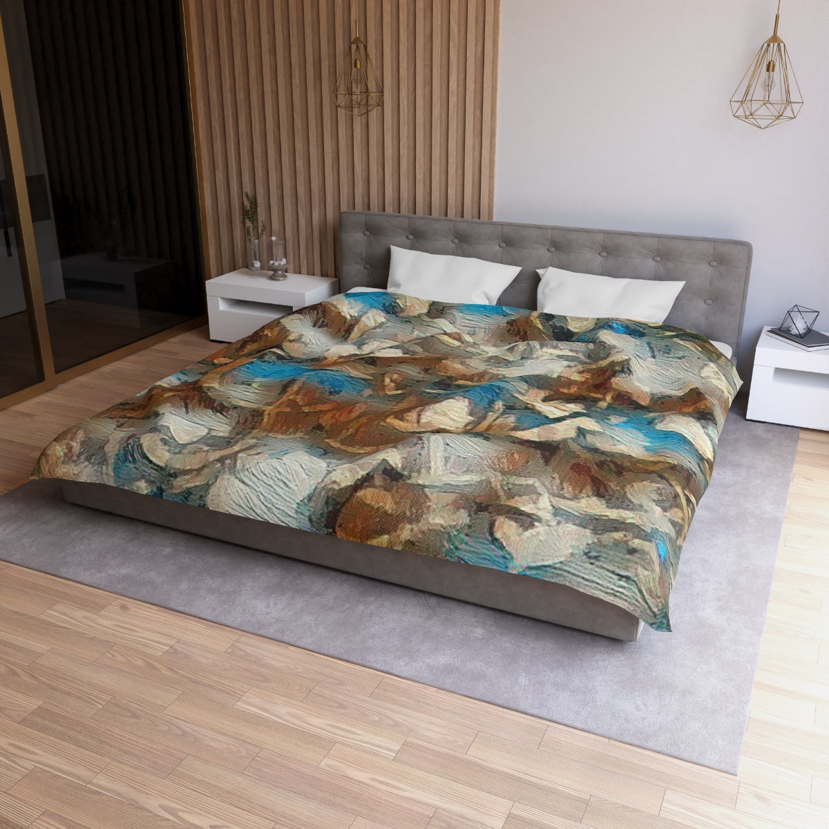 King size Forest Understory duvet cover with white lining, expressive abstract bedding in bark brown, olive, and deep sky blue