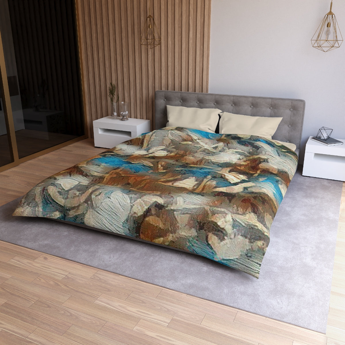 Queen size Forest Understory duvet cover with cream lining, soft boho bedding with woodland palette and natural textures