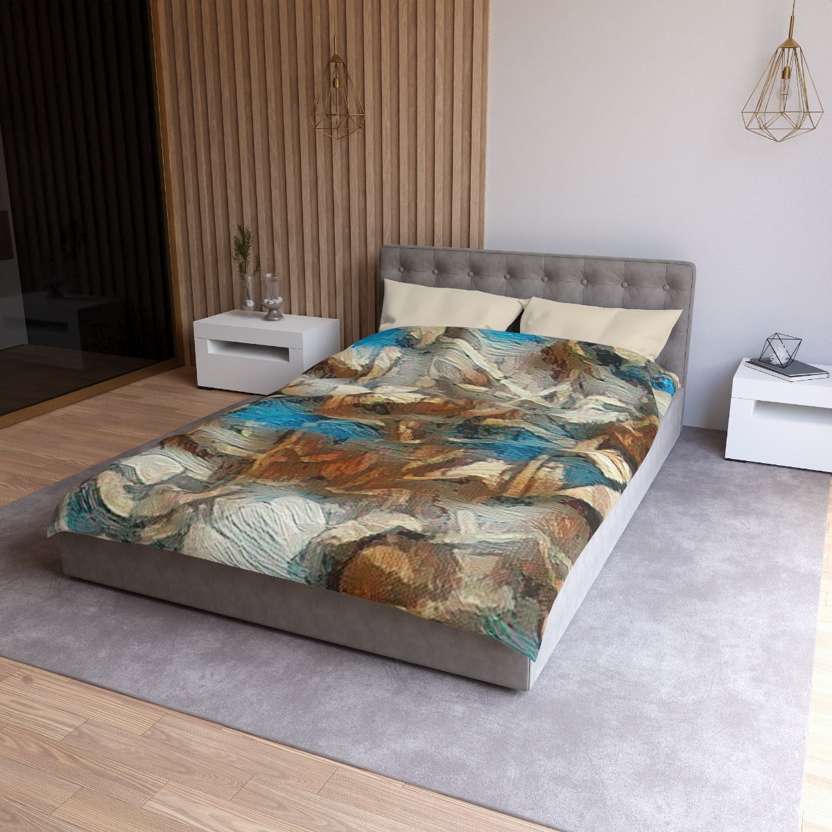 Twin size Forest Understory duvet cover with cream lining, abstract leaf design in earthy browns, moss green, and muted blue