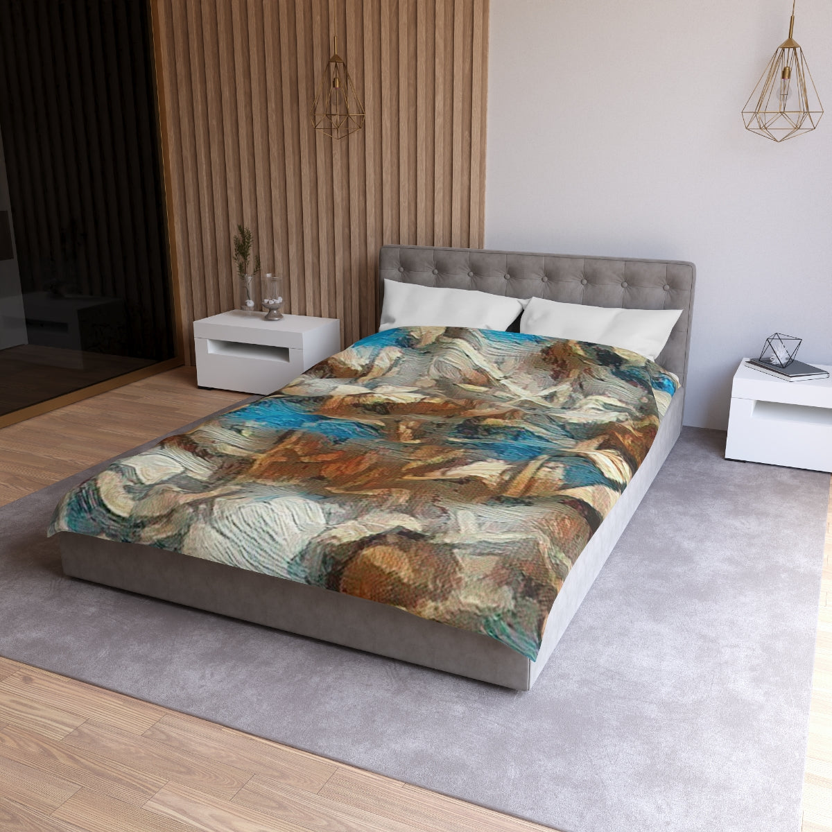 Twin size Forest Understory duvet cover with white lining, abstract leaf design in earthy browns, moss green, and muted blue