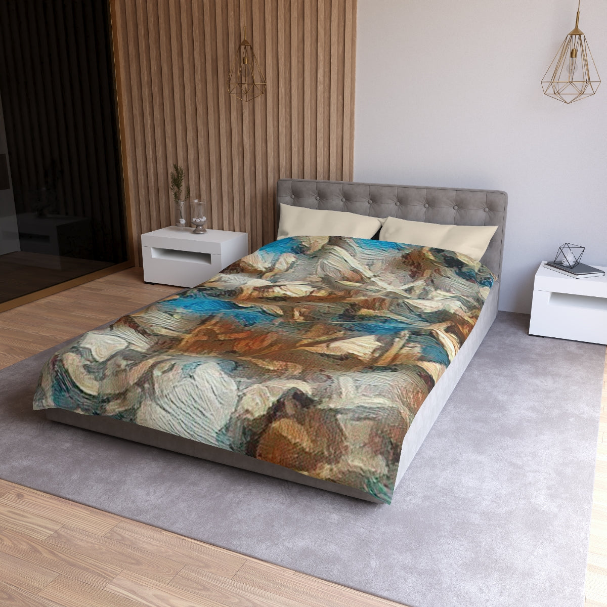 Twin XL size Forest Understory duvet cover with cream lining, painterly microfiber bedding in forest tones and layered foliage shapes