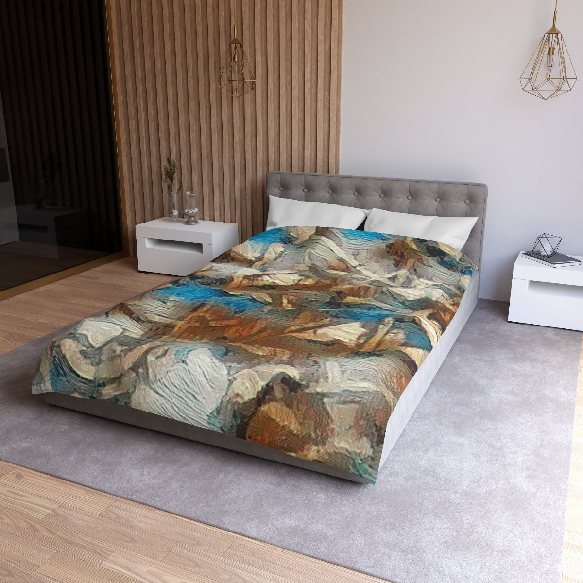 Twin XL size Forest Understory duvet cover with white lining, painterly microfiber bedding in forest tones and layered foliage shapes