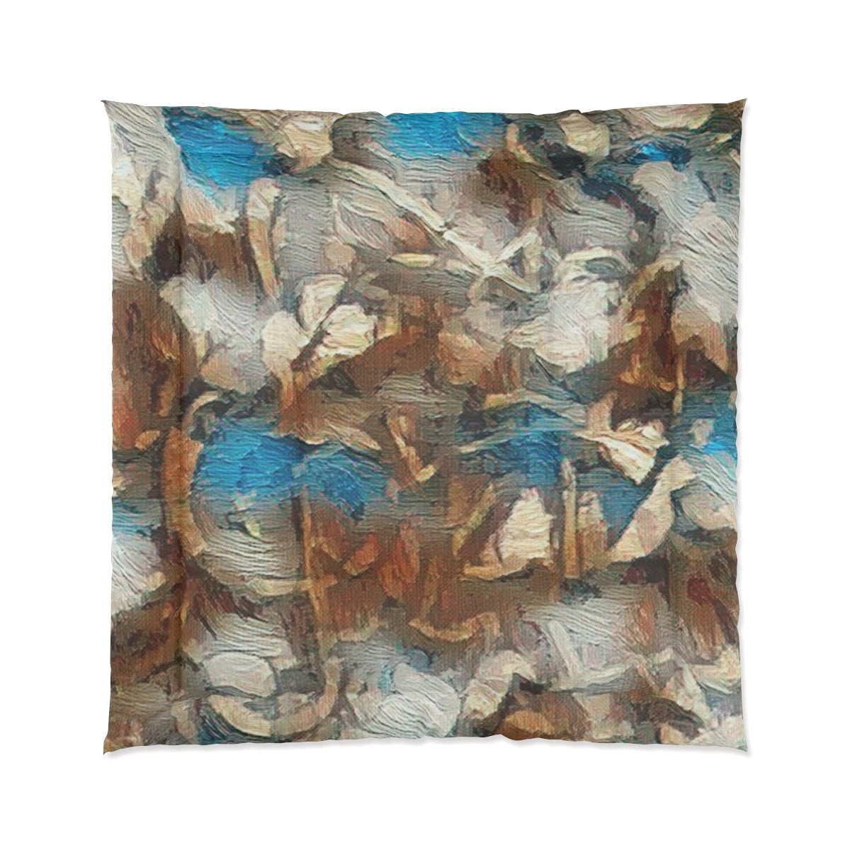 Square comforter with expressive swirls of ochre, blue, and off-white. Size: 88'' x 88''