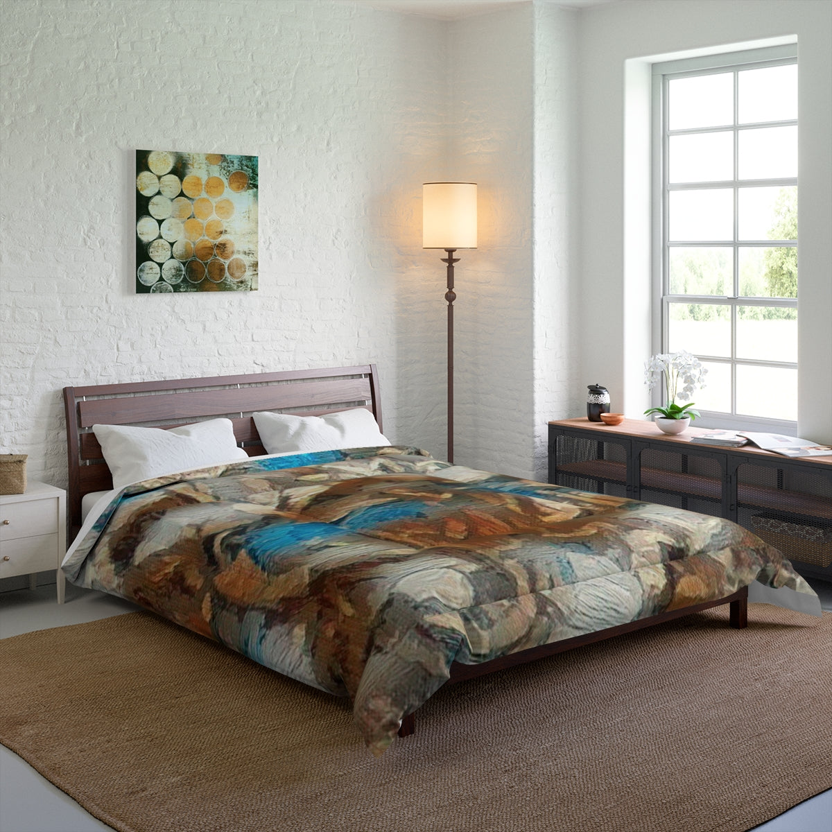 bed with Forest Understory comforter adding warmth and visual movement in earth and sky tones. Size: 88'' x 88''